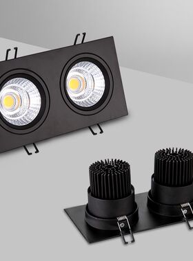 黑色双头射灯led可调角度天花灯嵌入式格栅吊顶COB斗胆灯长方形