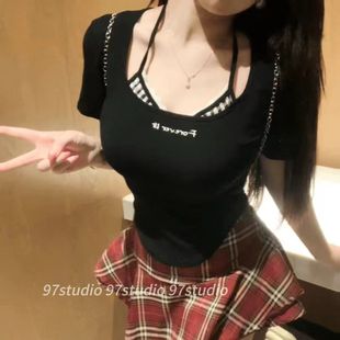 高腰显瘦性感辣妹花苞格子裙套装 T恤超辣ins上衣 潮 短袖 胖MM夏季