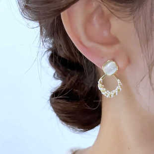 轻奢时尚猫眼石几何菱形珍珠耳钉女小众简约气质百搭耳环银针耳饰