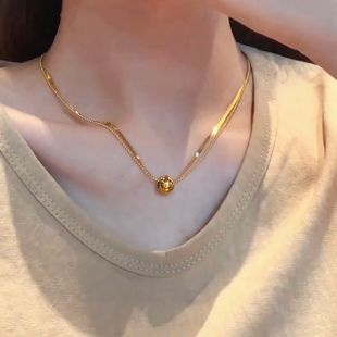 双层金色圆珠钛钢项链女冷淡风简约小众设计高级感百搭锁骨链新款