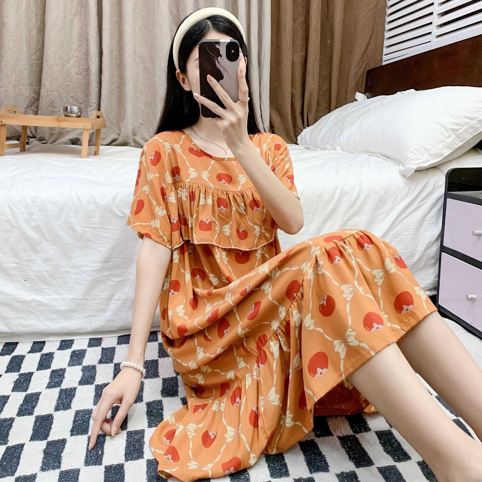 女人造棉绸联谊亲夏季防凸点睡裙防尴尬薄款家居服宽松大码睡裙