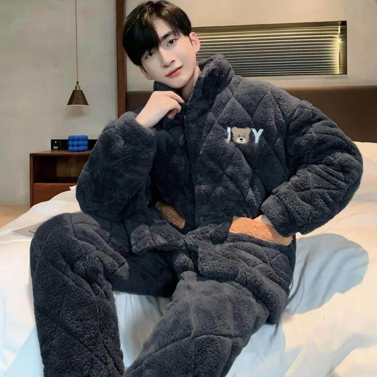 男士三层夹棉加厚冬睡衣套装可外穿拉链立领保暖加绒珊瑚绒家居服