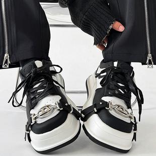 邓为田嘉瑞同款小众情侣板鞋男女方头国潮绑带休闲鞋黑白运动鞋潮