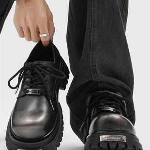 皮鞋男款2025新款年轻人休闲鞋痞帅高级感大头鞋子黑色厚底德比鞋
