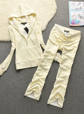 juicy coconut天鹅绒休闲套装运动服卫衣春秋长袖连帽金丝微喇裤