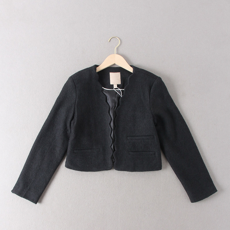 出丹麦订单！84.99欧元！经典大气的波浪边无扣羊毛混纺毛呢外套