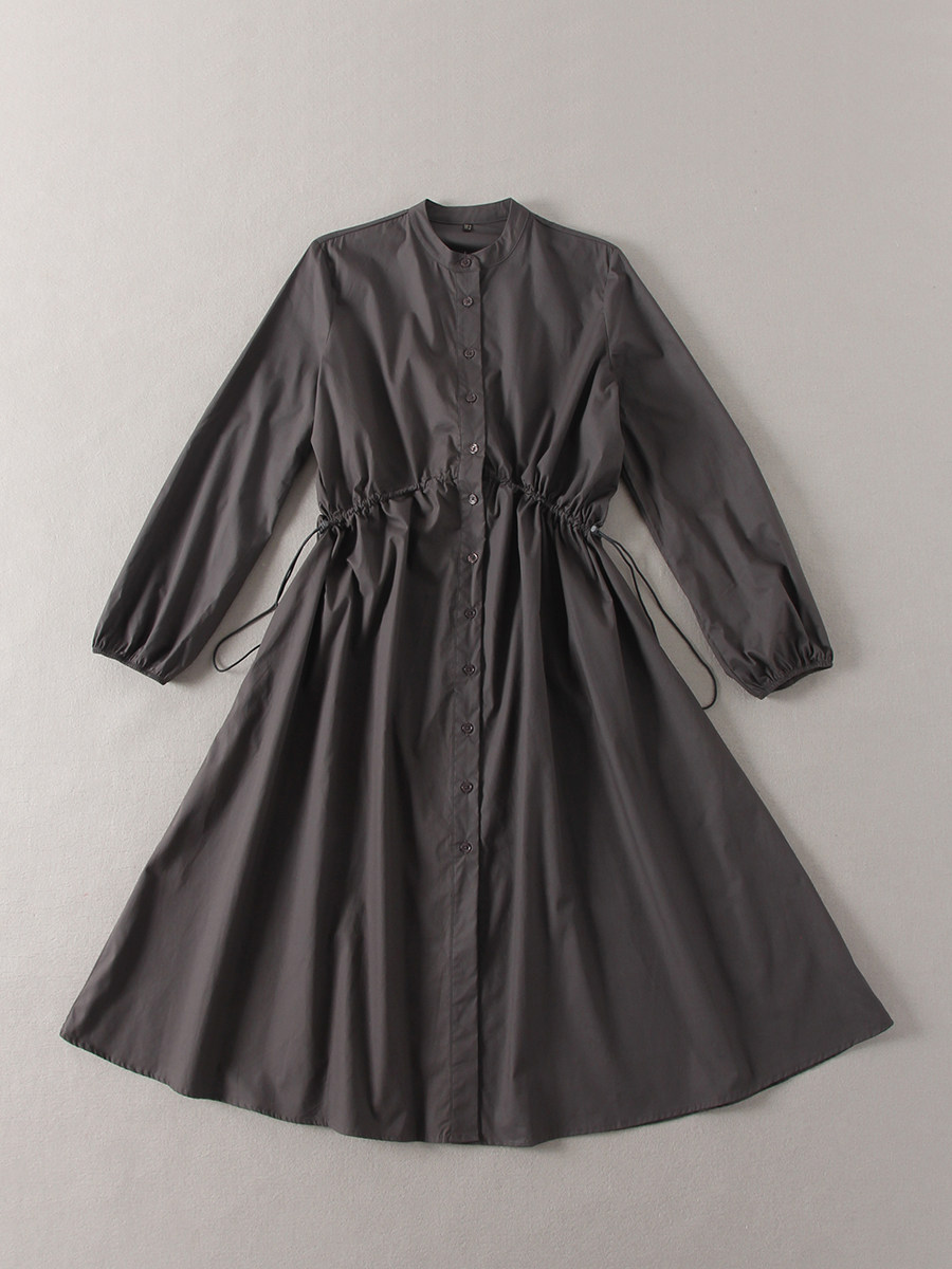 西班牙单~女简约女神范立领单排扣收腰抽绳显瘦长袖连衣裙517