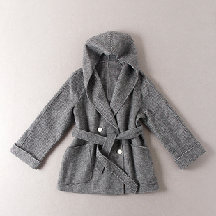国内单 女双面呢手工缝制连帽双排扣腰带毛呢大衣外套 78绵羊毛