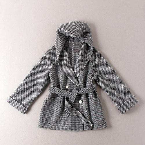 国内单！78绵羊毛！女双面呢手工缝制连帽双排扣腰带毛呢大衣外套