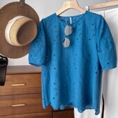 气质镂空钩花波浪刺绣边克莱因蓝蕾丝娃娃小衫 颜色巨美 100%棉