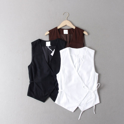 西班牙单！22.9欧元！气质老钱风显瘦百搭亚麻混纺系带马夹背心女