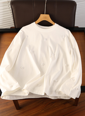 喵店559！渠道货源 秋季新款棉混纺白色花朵型钉珠长袖T恤女ah725