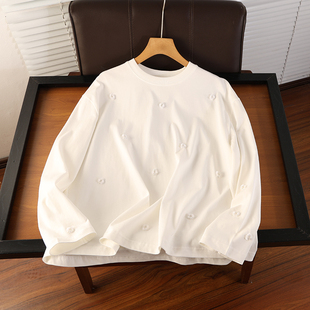 喵店559！渠道货源 秋季新款棉混纺白色花朵型钉珠长袖T恤女ah725