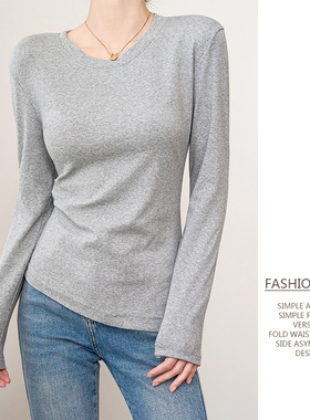 收腰显瘦圆领斜边开叉修身时尚气质春秋内搭外穿上衣长袖棉Tjq903