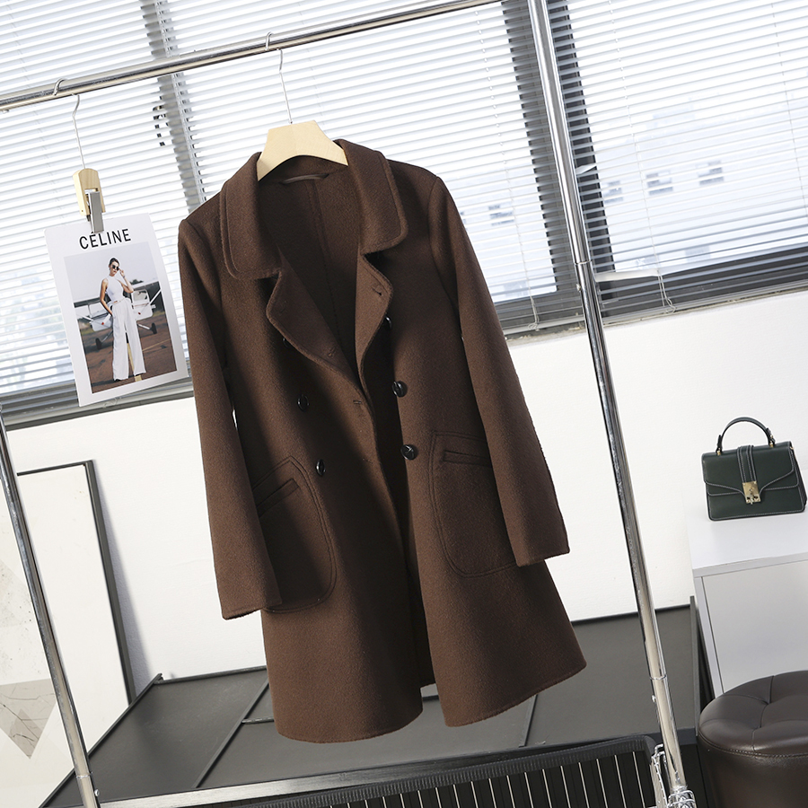 复古双排扣翻领双面呢修身款羊毛大衣女秋冬中长款毛呢外套dm1205