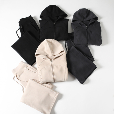 LU系慕斯绒防风卫衣套装女新款修身加绒加厚运动连帽两件套km1020