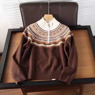 女1219 针织衫 小he家 高货100绵羊毛复古百搭费尔岛提花半拉链长袖