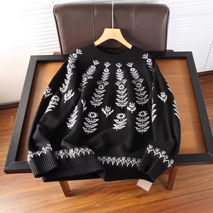 女ah1219 针织衫 柜3990 费尔岛提花花朵叶子宽松慵懒风100羊毛长袖