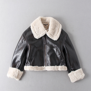 秋冬新款 皮衣夹克外套 女加厚皮毛一体复古保暖大翻领PU皮毛毛长袖