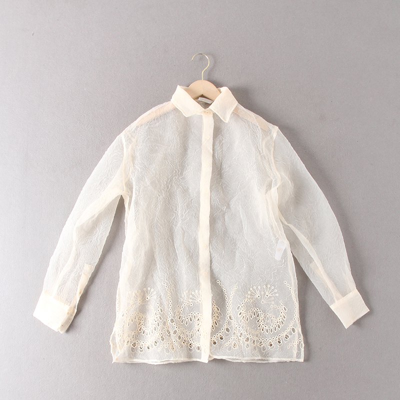 出西班牙单!压褶肌理感透视欧根纱唯美刺绣长袖衬衫+半身裙套装