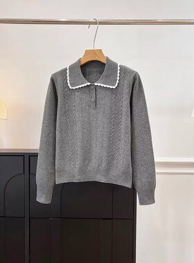 复古绞花撞色花边翻领羊毛针织衫女2025秋冬灰色套头毛衣ys116