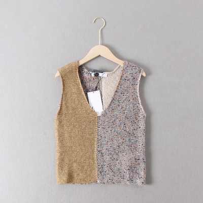 出西班牙单~19.95欧元含羊毛混纺V女款彩色拼接针织背心马甲
