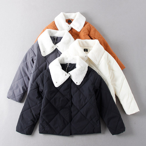 出俄罗斯单！门店500+女羊羔毛翻领轻便型薄款菱形格防风防水棉衣