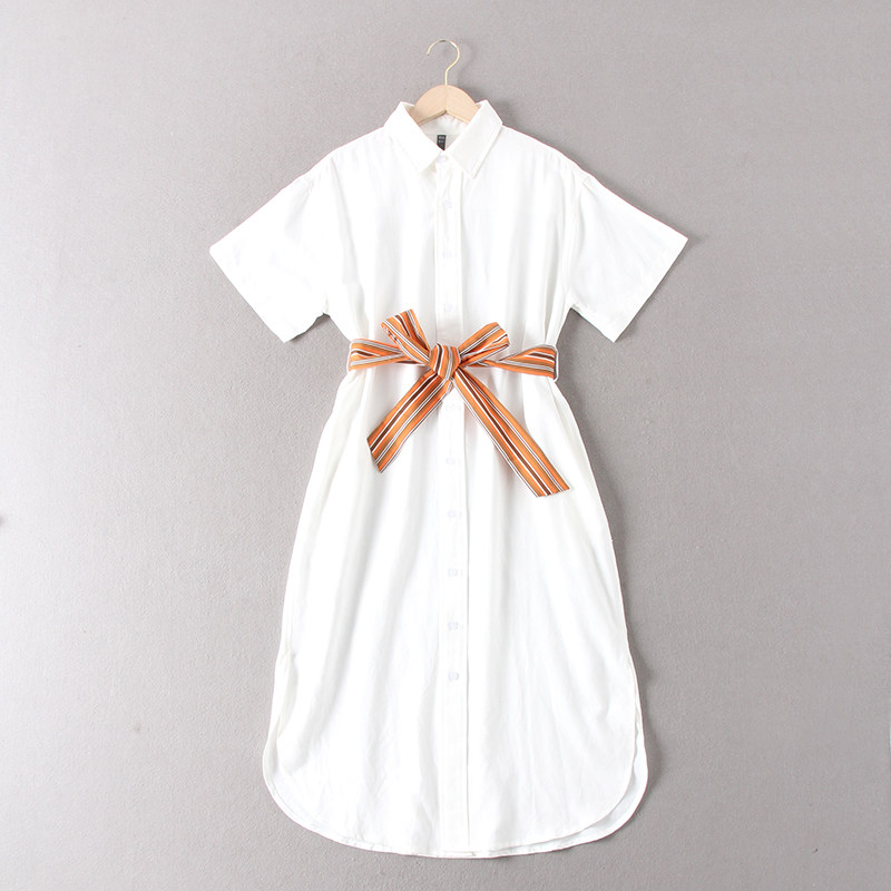 外贸单女款气质通勤优雅腰部撞色条纹腰带短袖衬衫式棉麻连衣裙