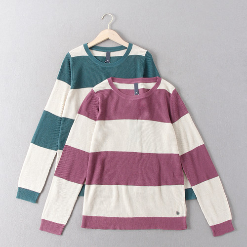 德国单!29.9欧！女百搭宽条纹拼色兰精环保纤维套头长袖针织毛衣