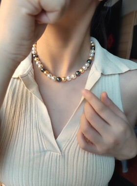 ISLA孤岛倪妮同款南洋三兄弟大溪地黑茶金混彩施家珍珠项链8-12mm