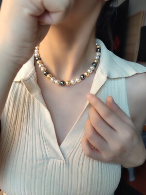 ISLA孤岛倪妮同款南洋三兄弟大溪地黑茶金混彩施家珍珠项链8-12mm