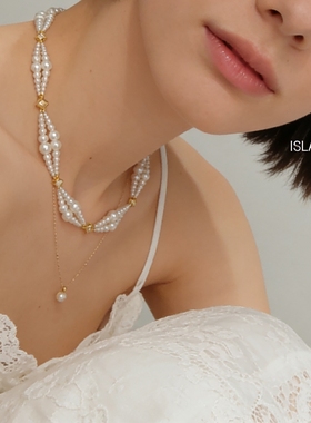 ISLA孤岛进口施家珍珠三层编织渐变复古法式项链锁骨链毛衣链颈链