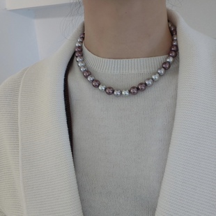 ISLA孤岛人造爱迪生紫色混彩珍珠项链轻奢复古正圆无暇极光锁骨链