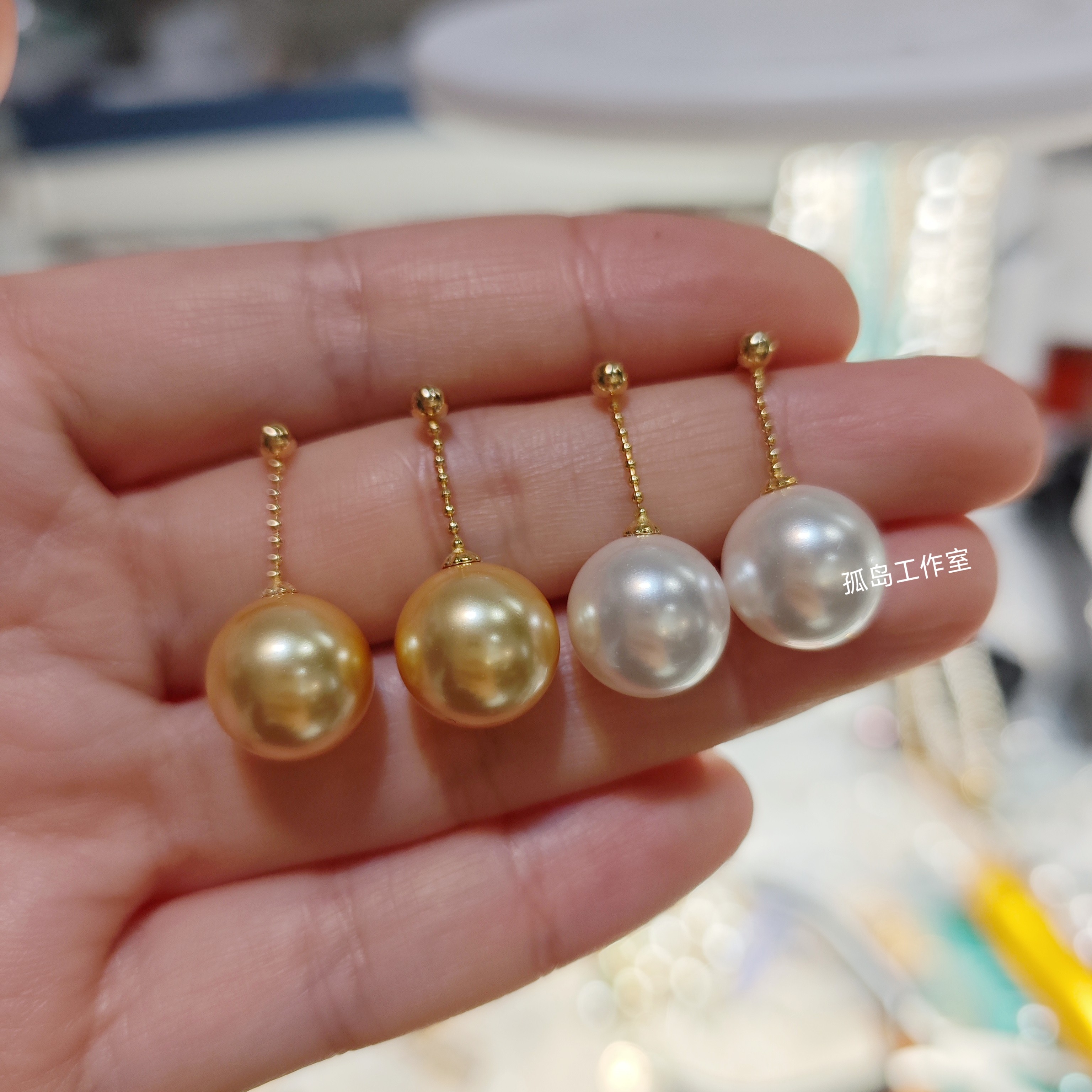 ISLA孤岛南洋金珠澳白光珠链耳线耳坠12mm施家珍珠耳环耳饰s925银图片