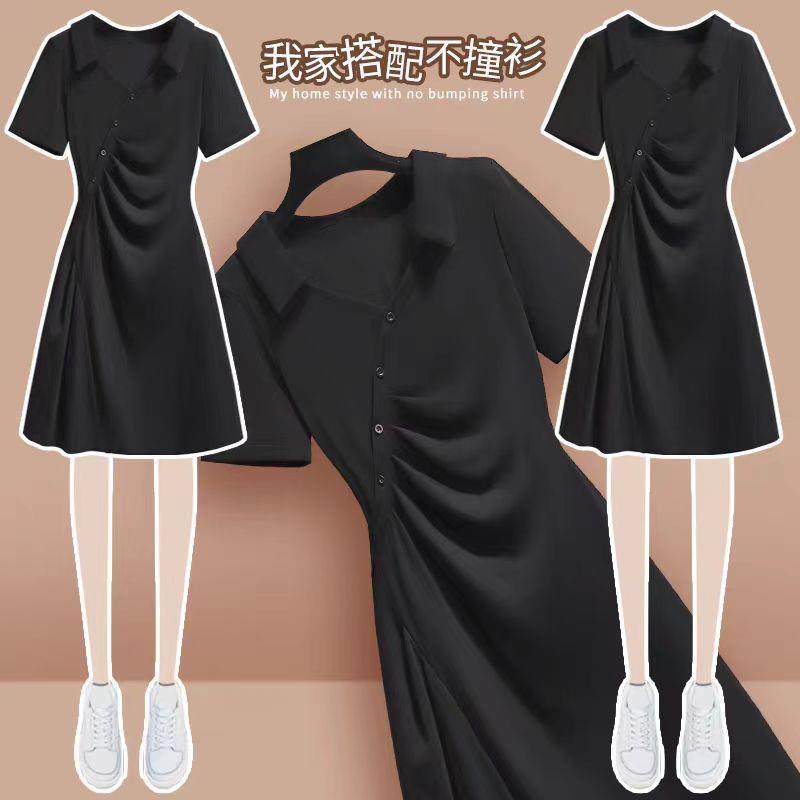 polo领连衣裙女夏季2025新款小个子a字裙微胖收腰显瘦休闲t恤裙子