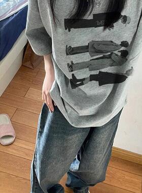 2025灰色大码T恤女废柴美式复古人像印花重磅纯棉短袖春夏季新款