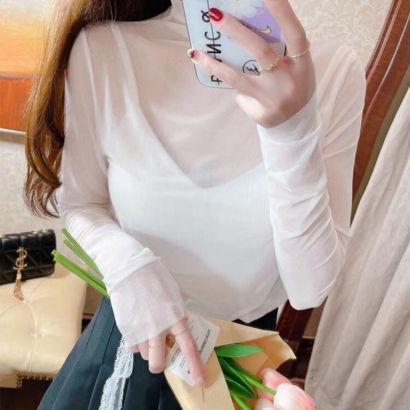 高领冰丝纯色防晒网纱打底衫女夏季超薄内搭长袖T恤白色高端上衣