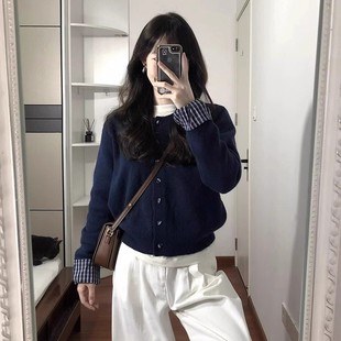 假两件格子拼接针织开衫 外套 毛衣女秋冬2025新款 松弛感慵懒风短款