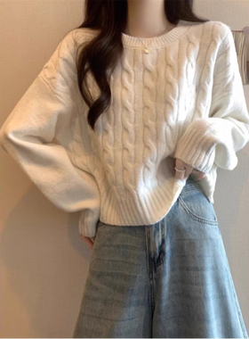 白色短款针织打底衫女秋冬高腰宽松内搭毛衣小个子掐腰miu系上衣