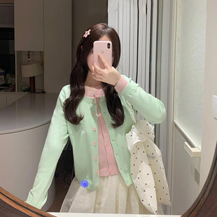 韩系甜美粉绿色显白假两件长袖 女春秋设计感显瘦毛衣外套 针织开衫