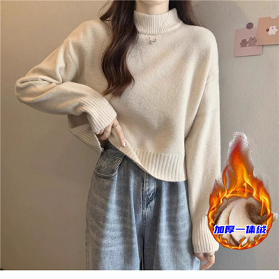 一体绒毛衣保暖上衣半高领打底衫