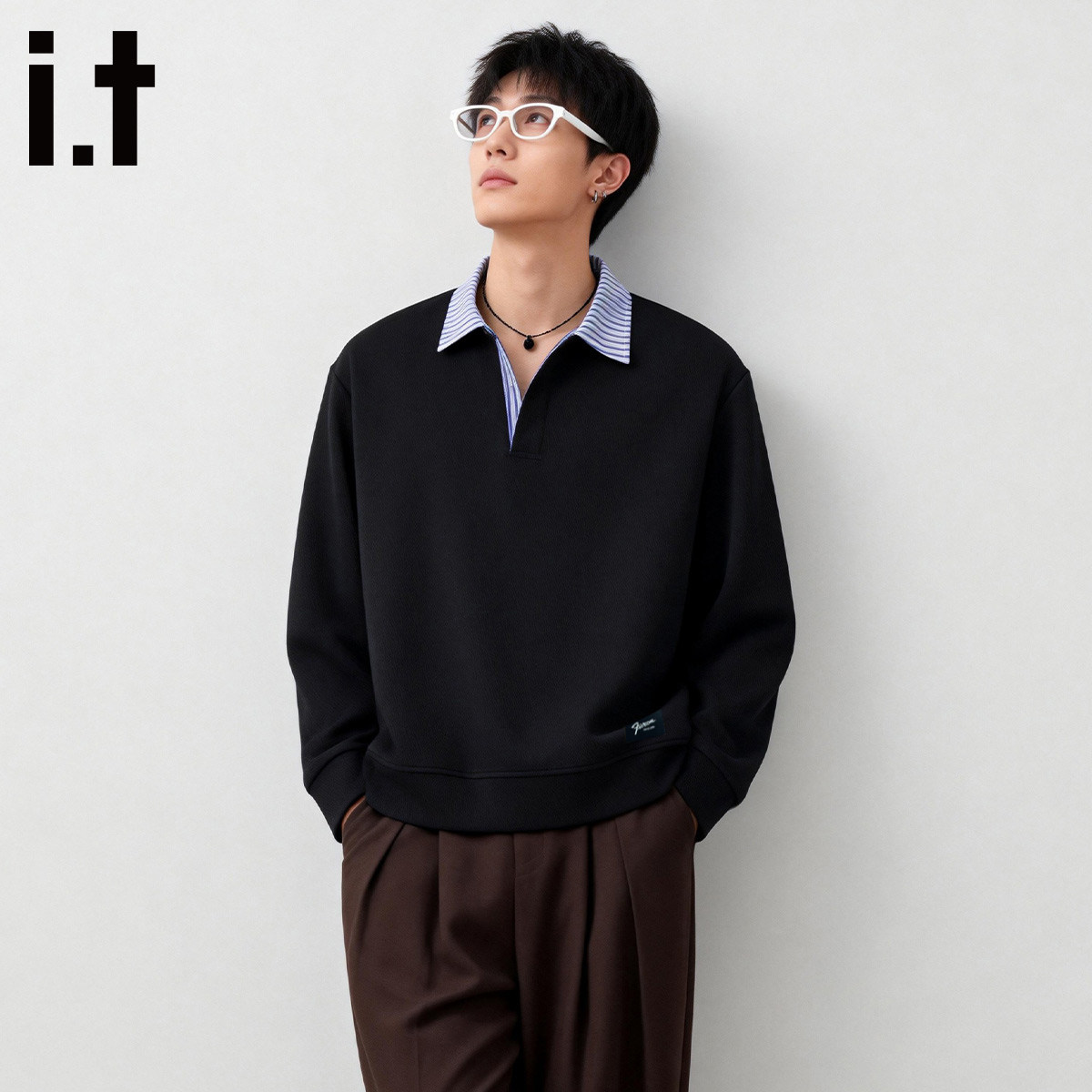 IT休闲风上衣假两件衬衫领宽松卫衣男生黑色翻领高级感潮牌POLO衫