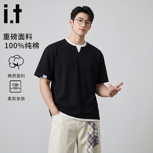 it:男士夏季薄款短袖美式T恤纯棉柔软舒适假两件宽松休闲潮牌上衣