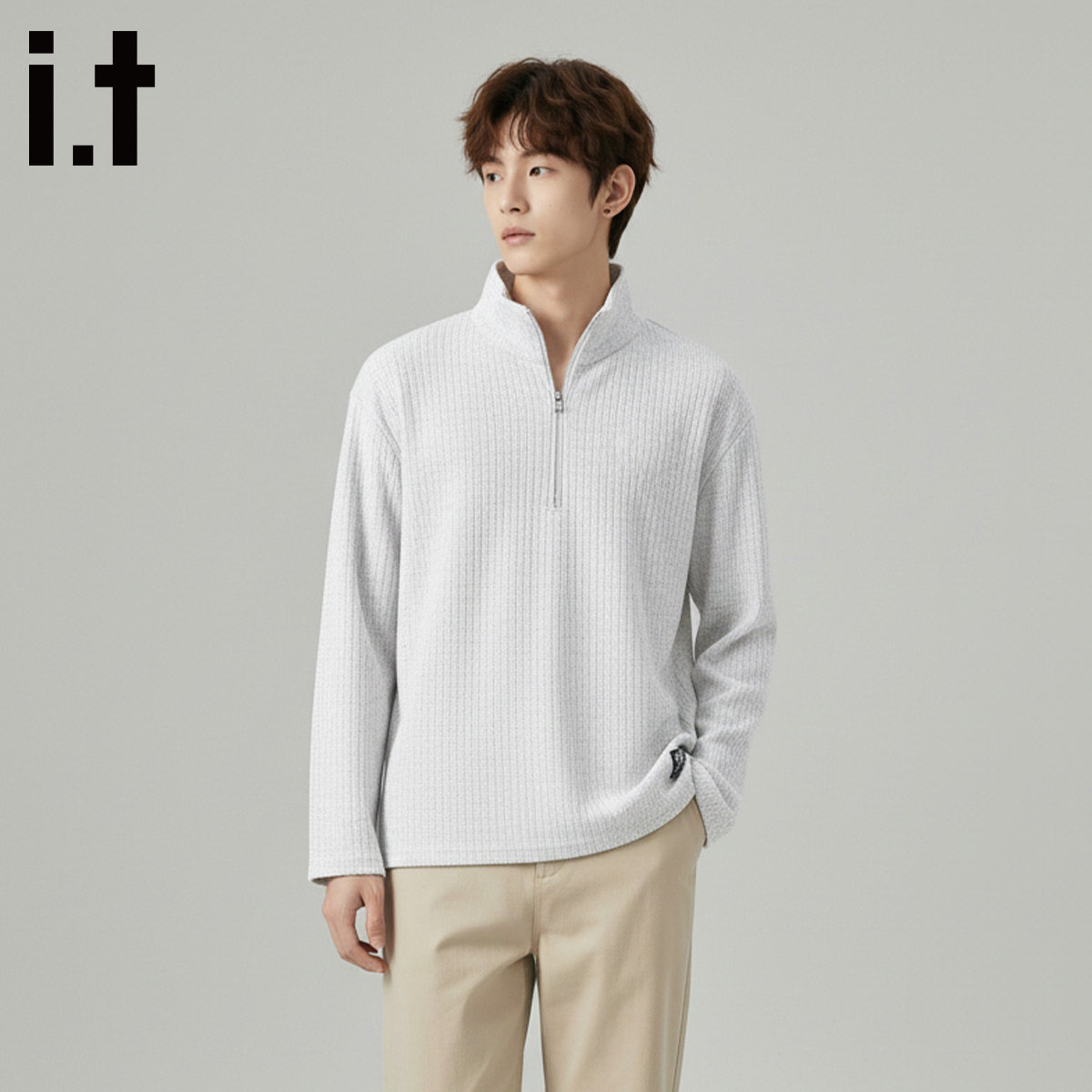 it:男士半拉链套头毛衣2026新款男生休闲重磅面料针织衫舒适上衣