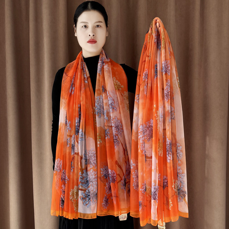 橙色新款百搭优柔丝巾长款时尚洋气印花纱巾沙滩网红防晒披肩围巾