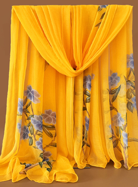 韩版时尚金黄色丝巾百搭秋冬鳄鱼皱纱巾女春夏季防晒披肩围巾两用