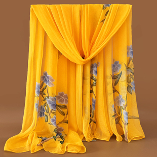 韩版时尚金黄色丝巾百搭秋冬鳄鱼皱纱巾女春夏季防晒披肩围巾两用