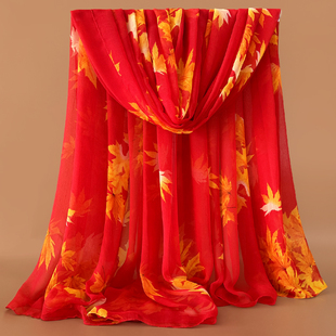 中国红丝巾女士秋冬超大红色印花围巾时尚百搭披肩夏季沙滩巾纱巾