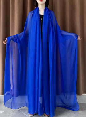 宝蓝色丝巾3米超大柔软沙滩巾夏季防晒纯色舞蹈专用纱巾长款披肩