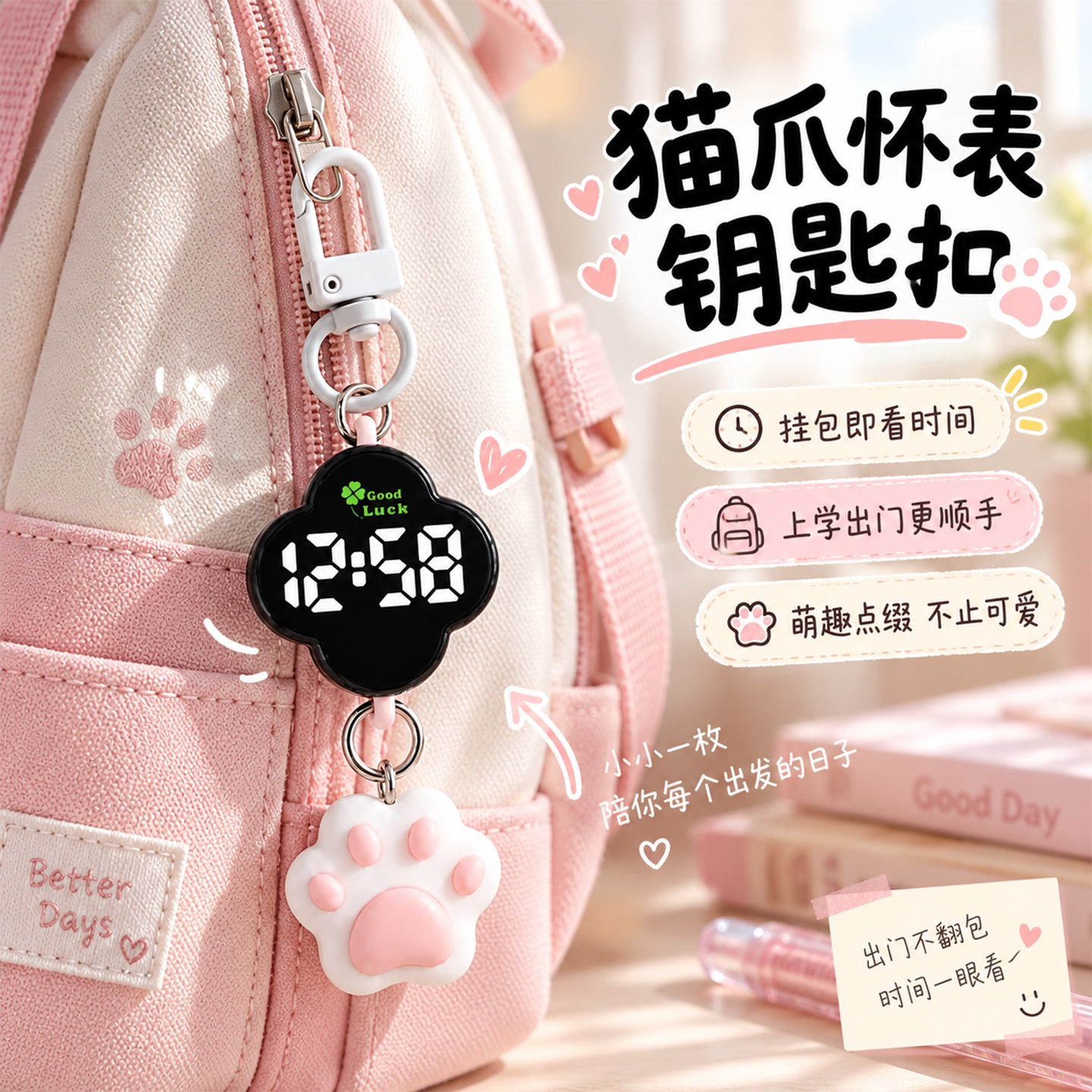 可爱猫爪四叶草迷你挂表小巧简约夜光学生防水电子表怀表高颜值